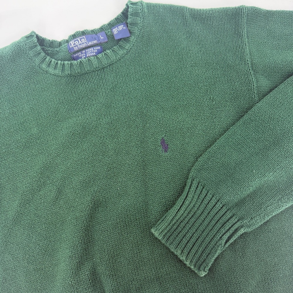 Vintage Polo Ralph Lauren Green Cotton Crewneck Sweater Mens Large Pony Logo